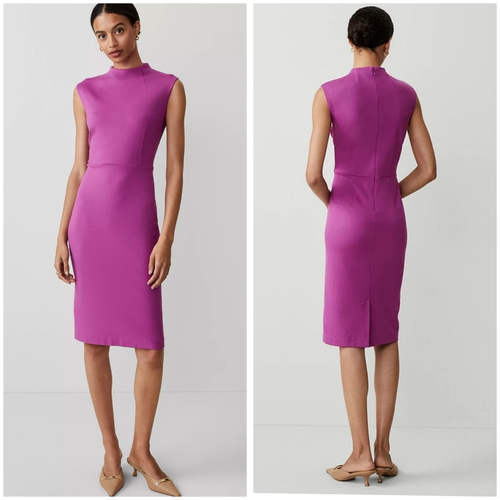 NWT Ann Taylor Ponte Mock Neck Sheath Midi Dress Size 4 Fresh Fuchsia